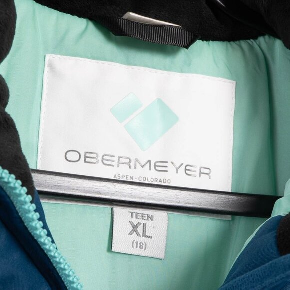 Obermeyer Youth Jacket Teen XL 18 Insulated Winter Jacket Blue Teal Floral Hood - Picture 5 of 7